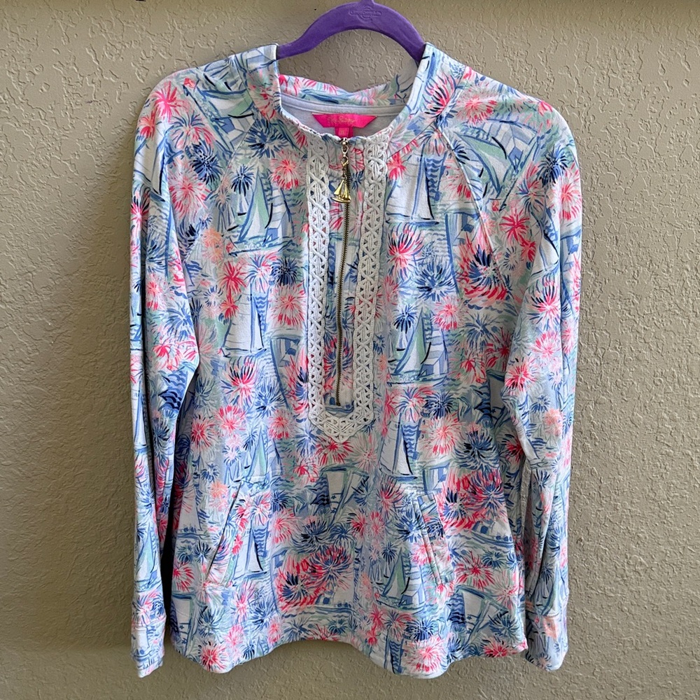 Sailboat Print Pullover with Pink & Blue Floral Accents